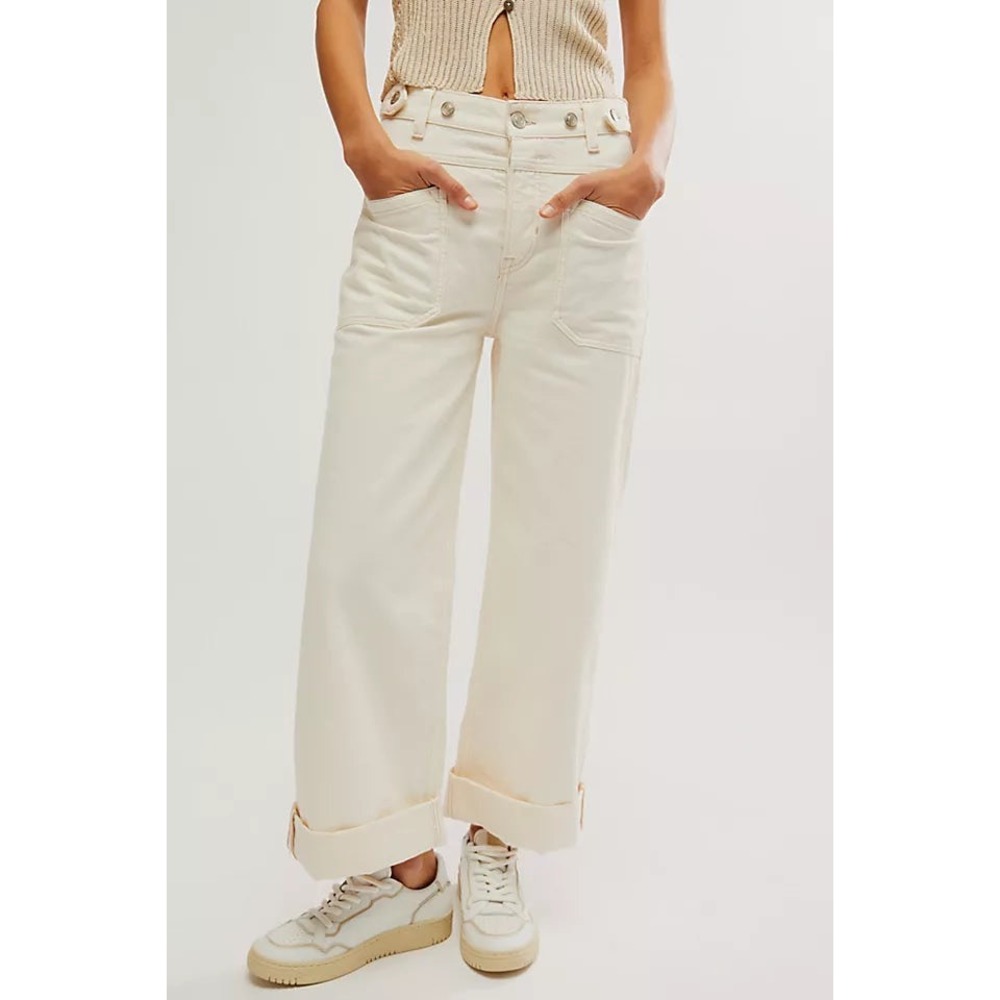 We The Free Free People Cream Wide Leg Patch Pocket Jeans High Rise 29 OB1925845